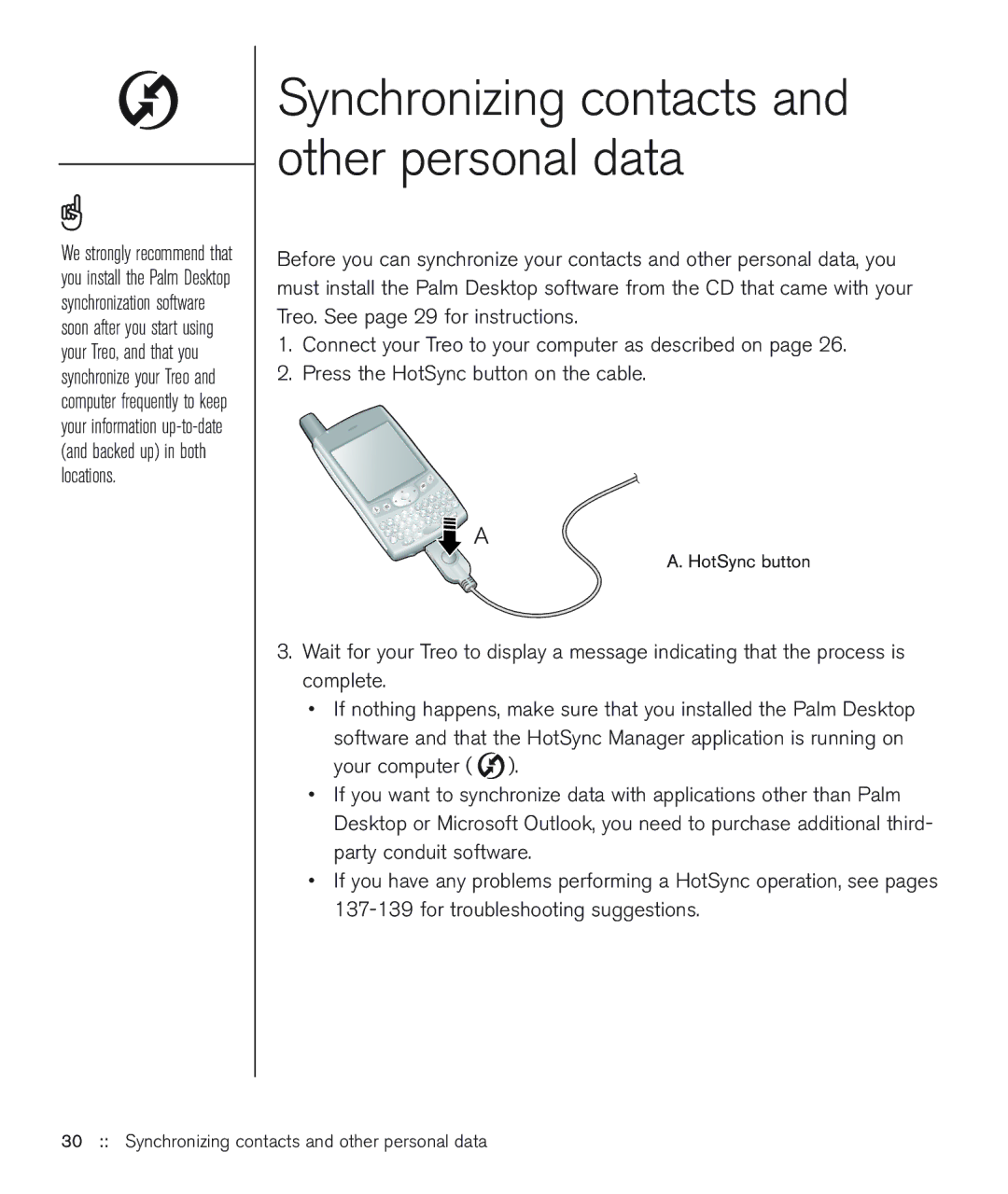 Handspring 600 manual Synchronizing contacts and other personal data 