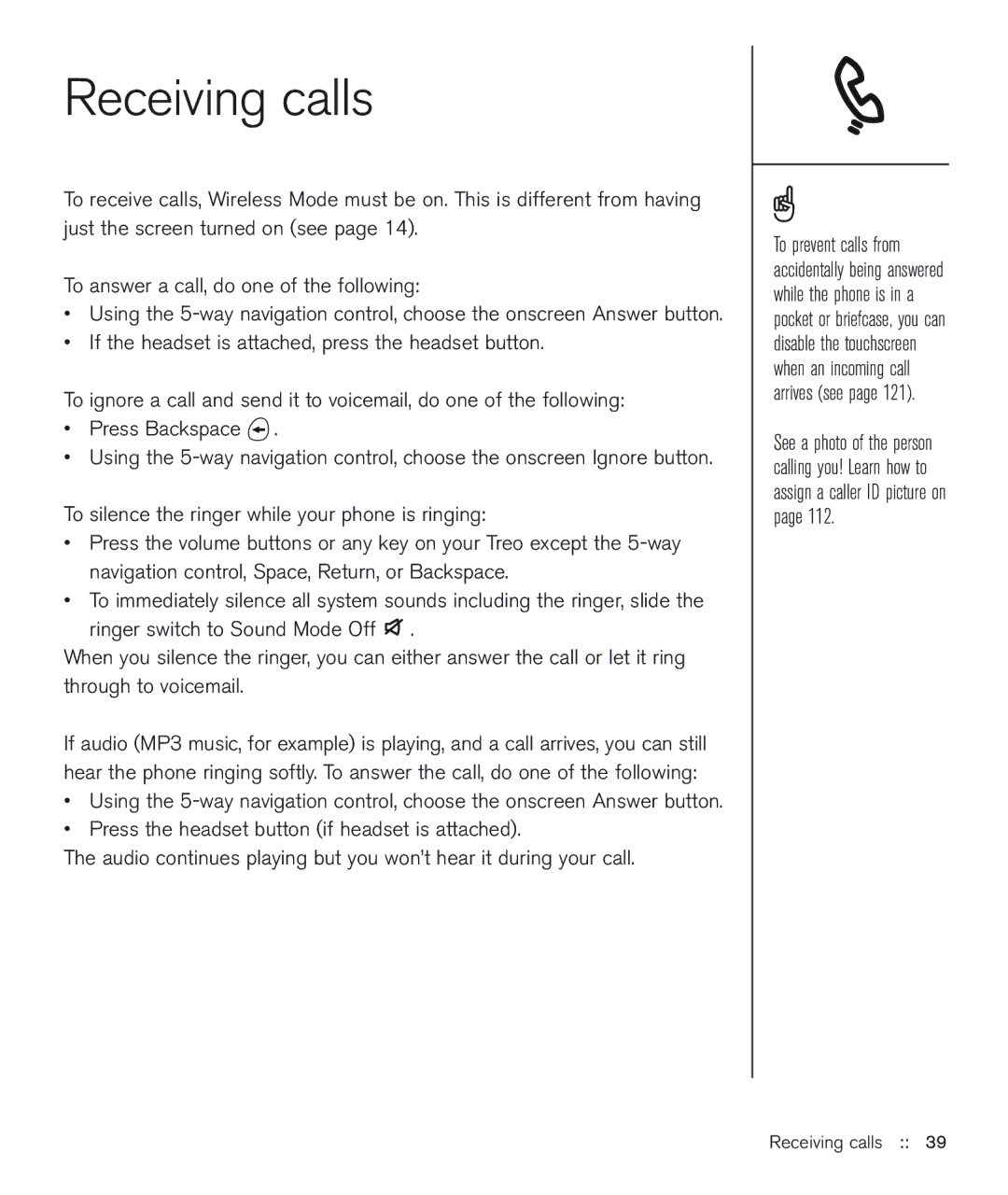 Handspring 600 manual Receiving calls 