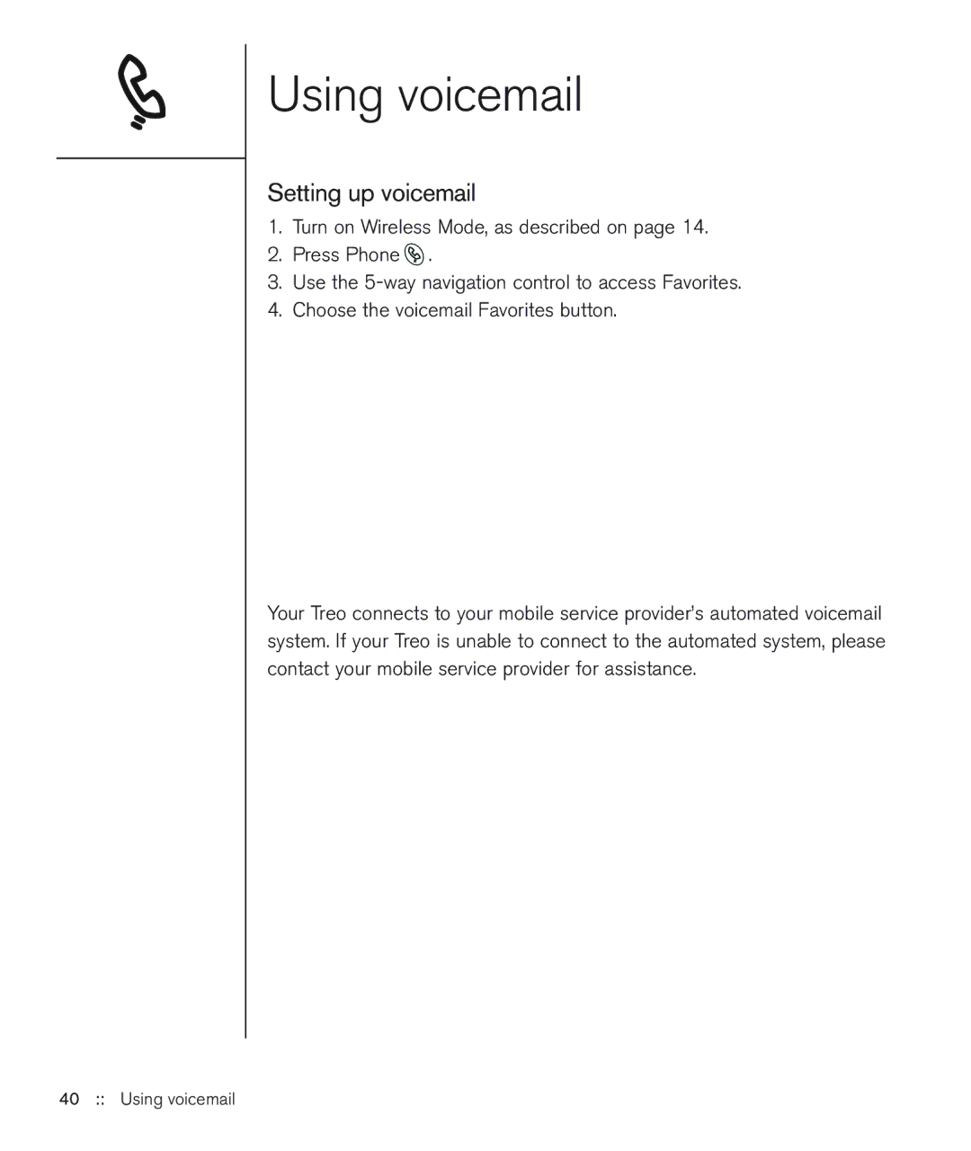 Handspring 600 manual Using voicemail, Setting up voicemail 