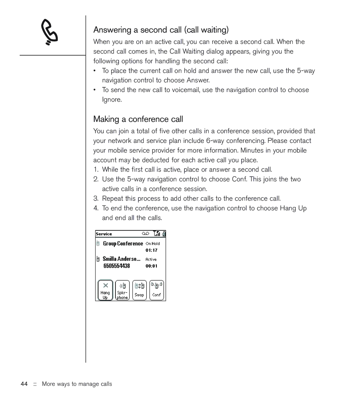 Handspring 600 manual Answering a second call call waiting, Making a conference call 