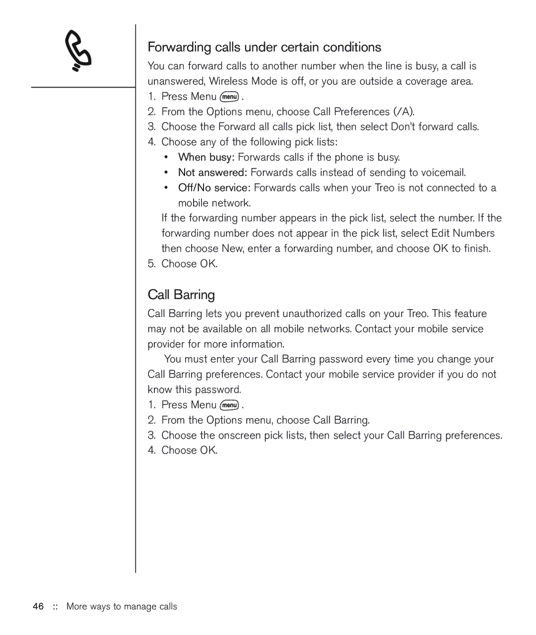 Handspring 600 manual Forwarding calls under certain conditions, Call Barring 