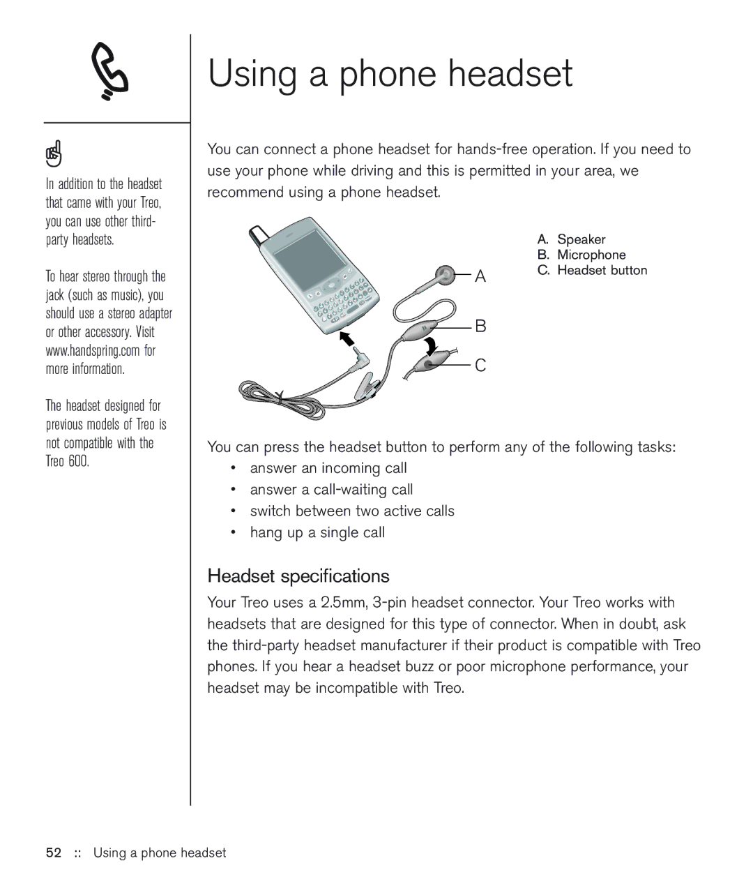 Handspring 600 manual Using a phone headset, Headset speciﬁcations, Headset button 