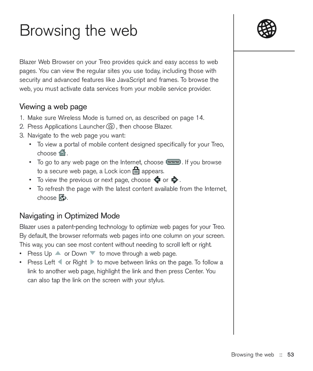 Handspring 600 manual Browsing the web, Viewing a web, Navigating in Optimized Mode 