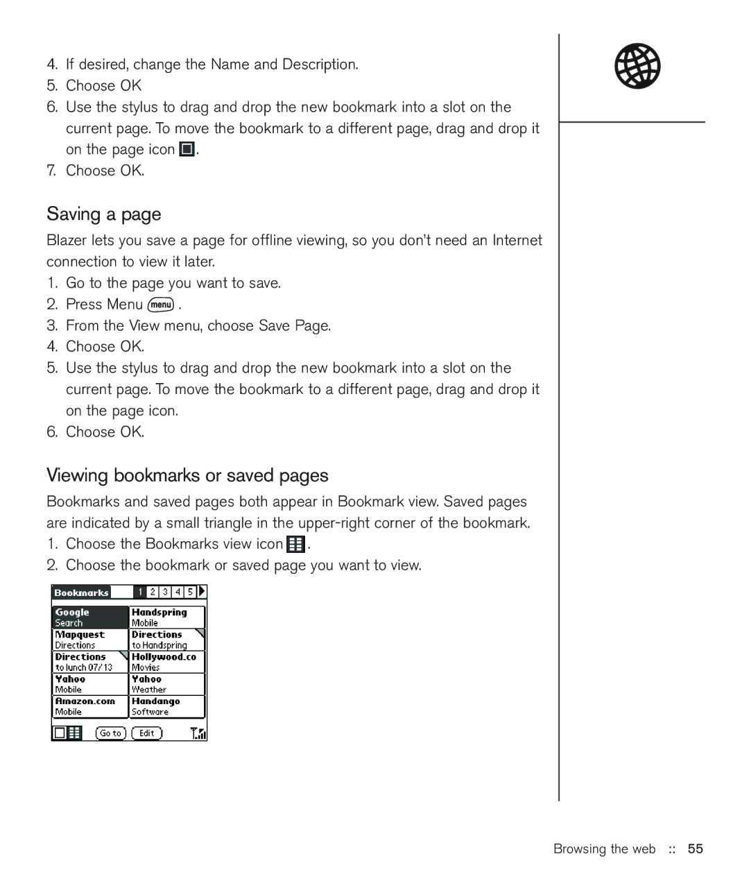 Handspring 600 manual Saving a, Viewing bookmarks or saved pages 