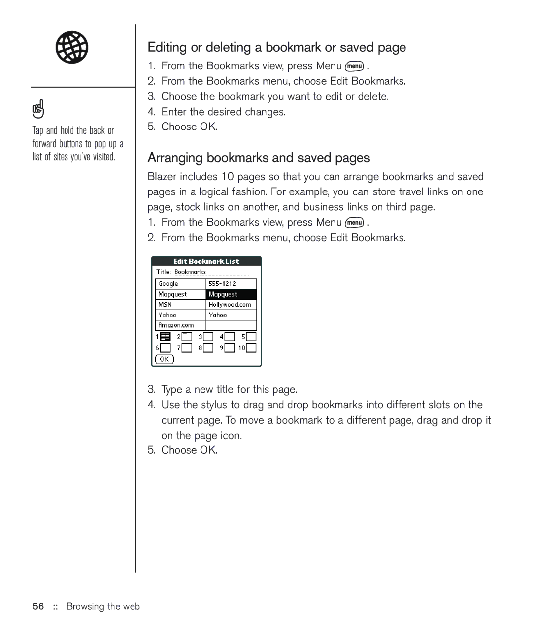 Handspring 600 manual Editing or deleting a bookmark or saved, Arranging bookmarks and saved pages 