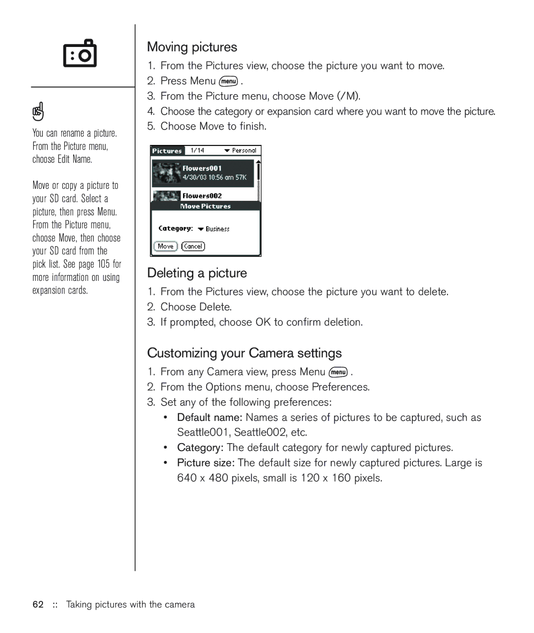 Handspring 600 manual Moving pictures, Deleting a picture, Customizing your Camera settings 