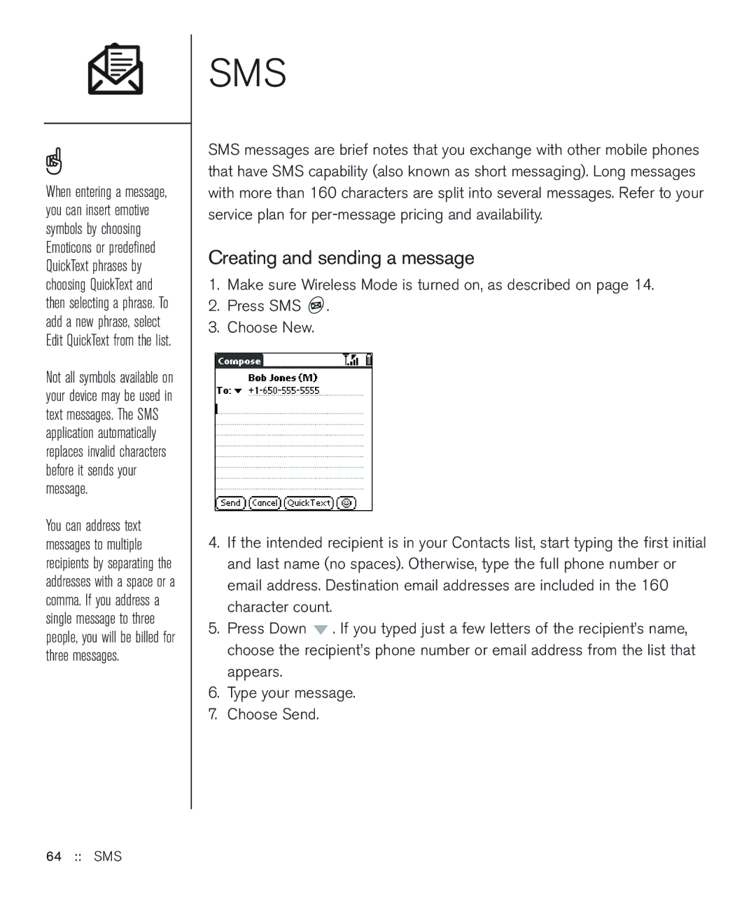 Handspring 600 manual Creating and sending a message, Sms 