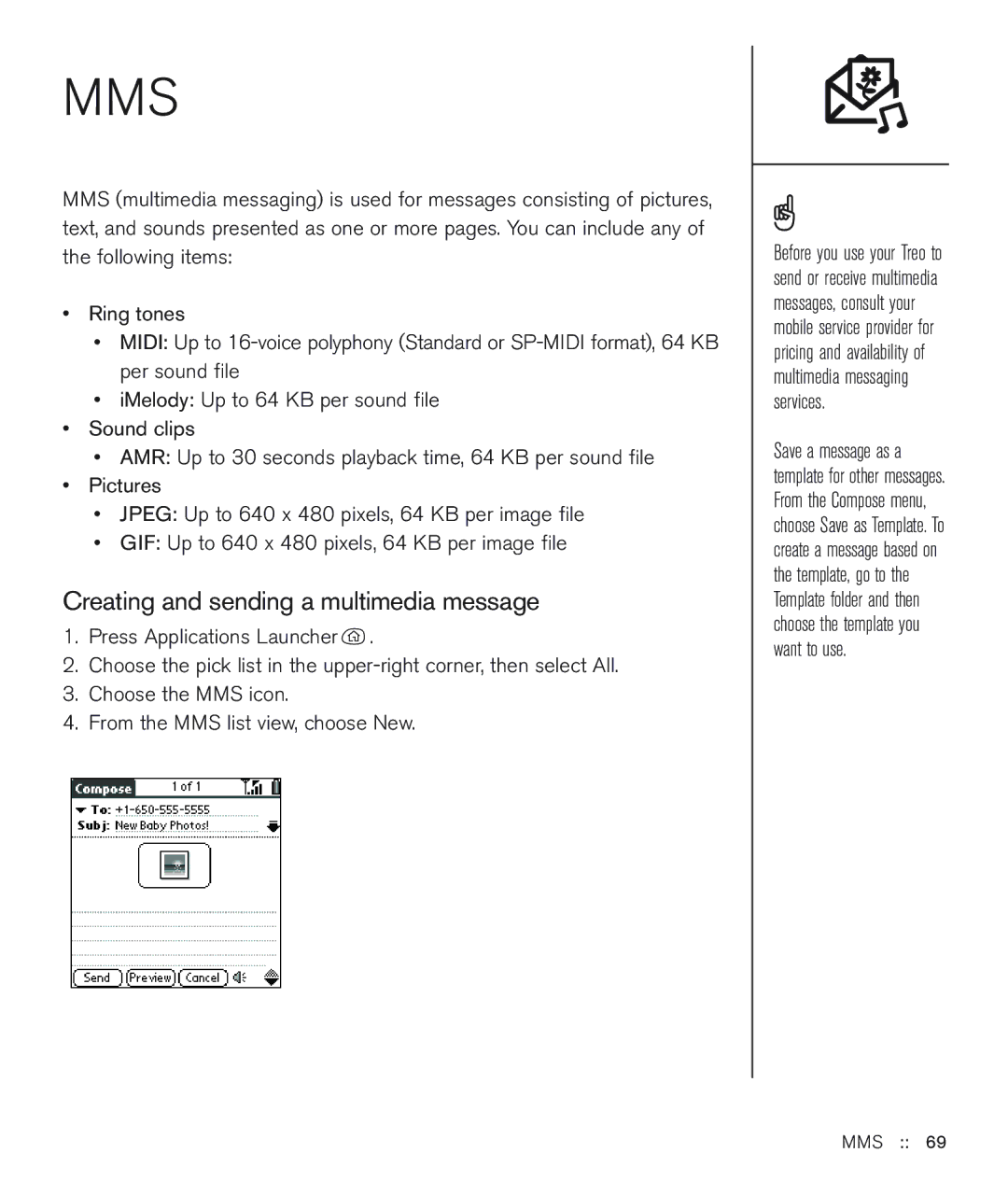 Handspring 600 manual Creating and sending a multimedia message, Mms 