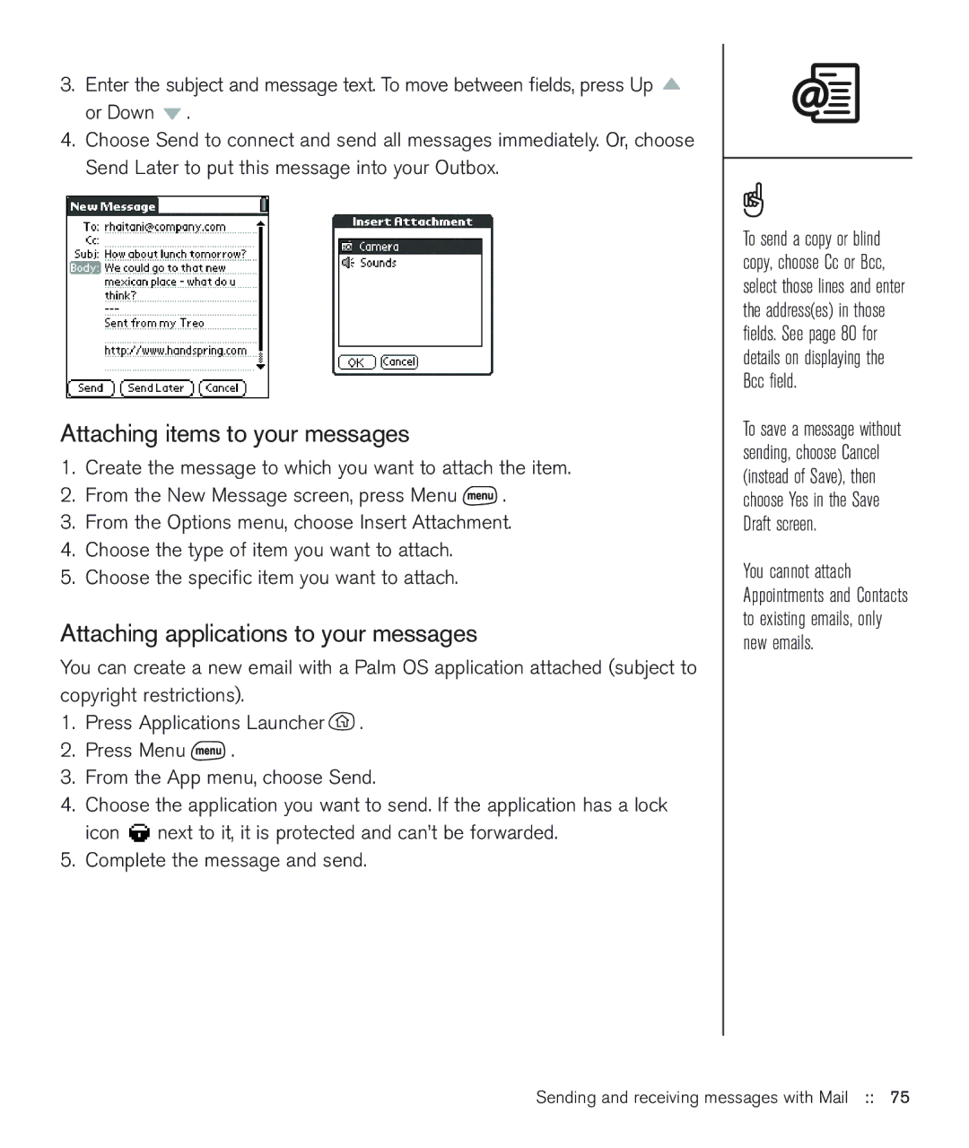 Handspring 600 manual Attaching items to your messages, Attaching applications to your messages 