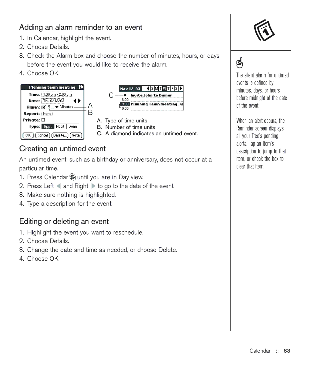 Handspring 600 manual Adding an alarm reminder to an event, Creating an untimed event, Editing or deleting an event 