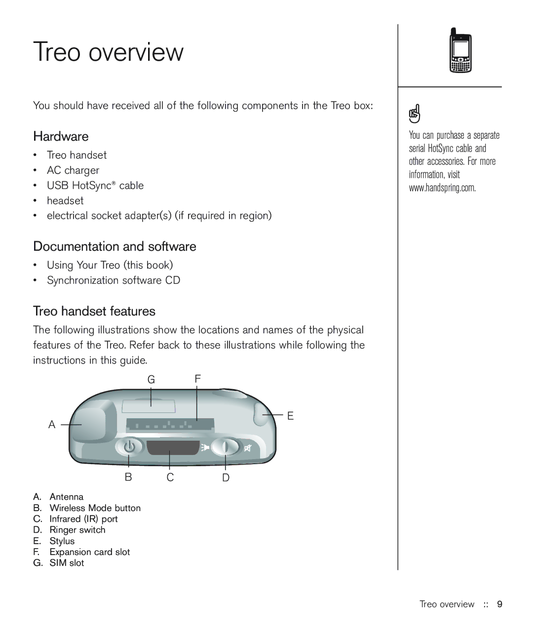 Handspring 600 manual Treo overview, Hardware, Documentation and software, Treo handset features 