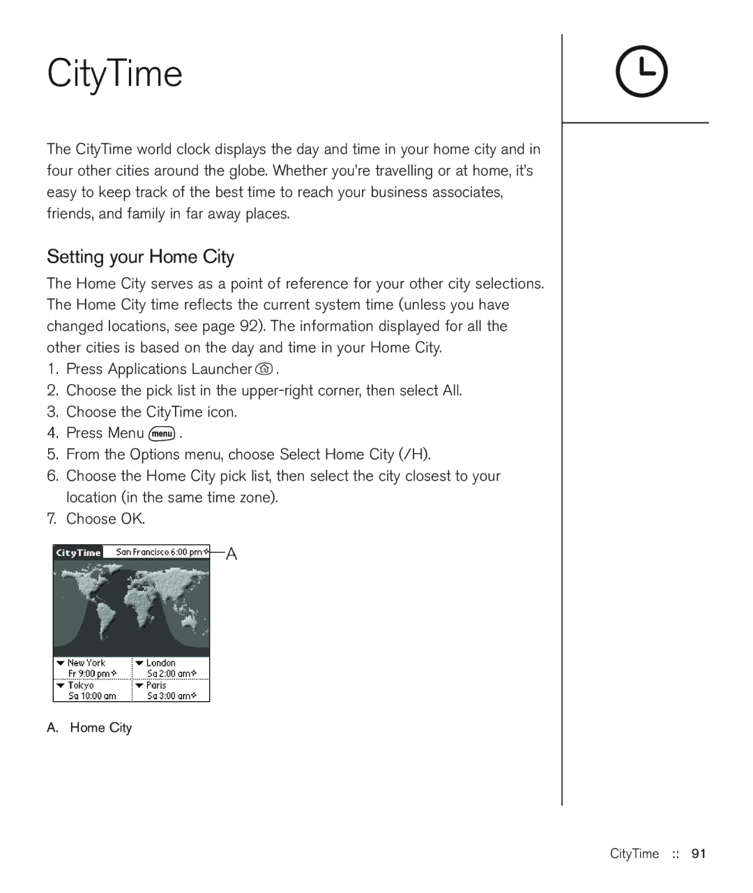 Handspring 600 manual Setting your Home City, Home City CityTime 