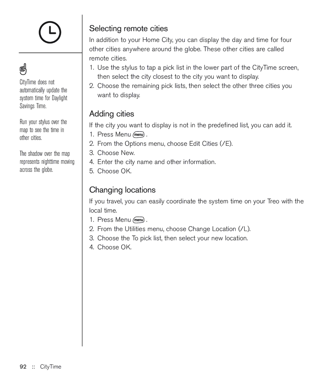 Handspring 600 manual Selecting remote cities, Adding cities, Changing locations 