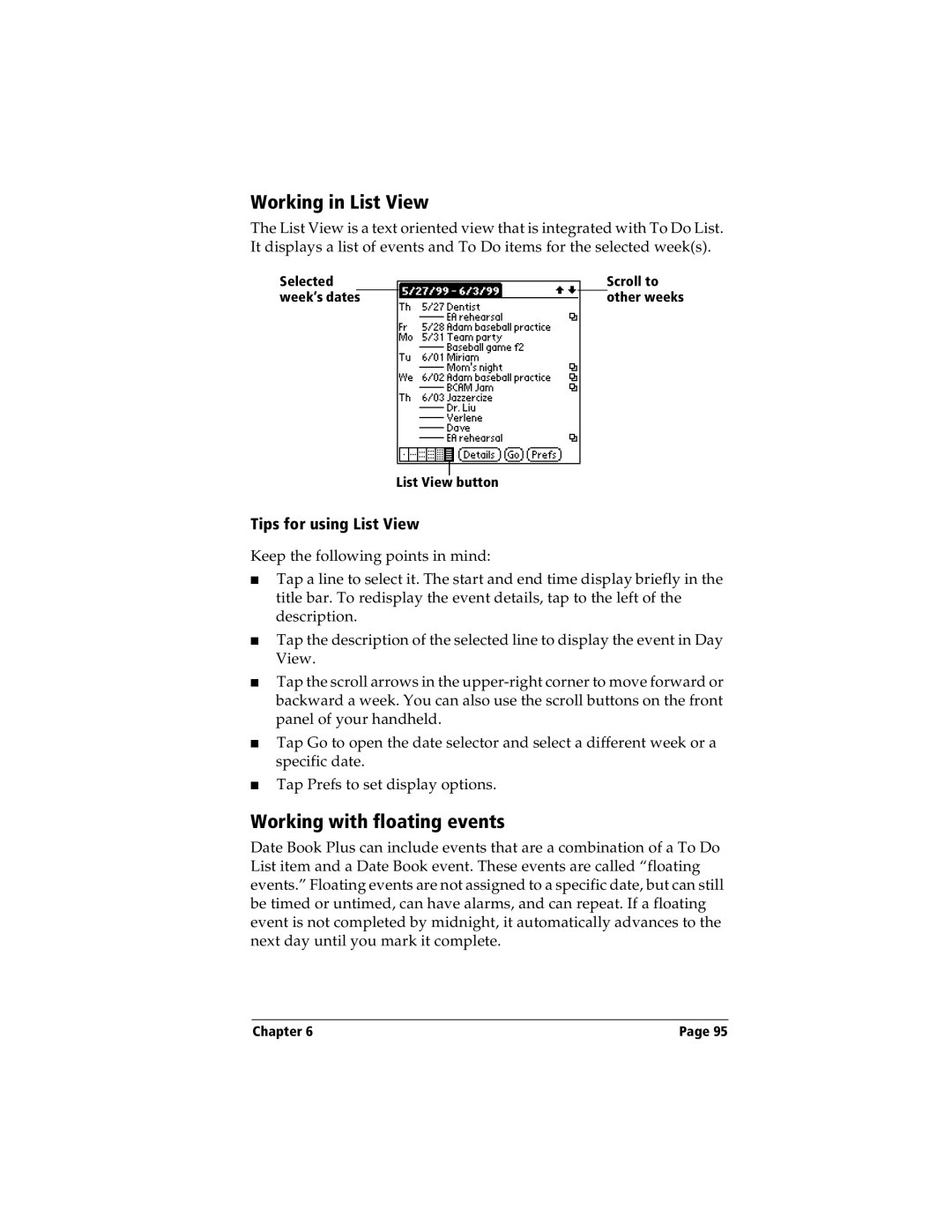 Handspring Visor manual Working in List View, Working with floating events, Tips for using List View 