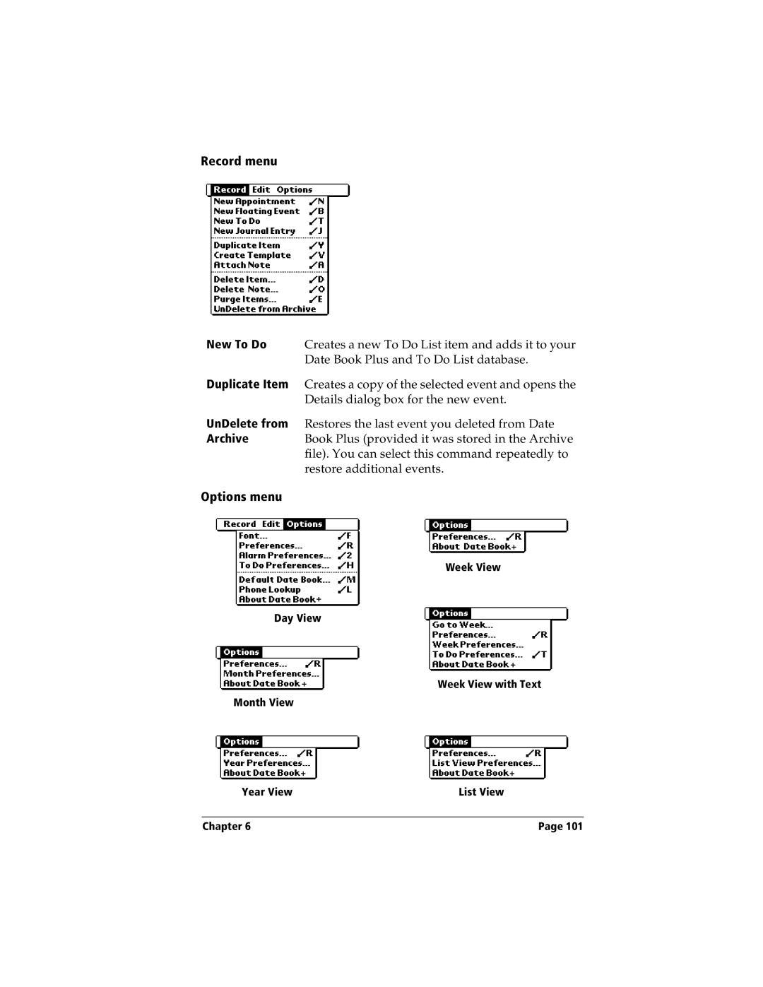 Handspring Visor manual Record menu, Options menu 