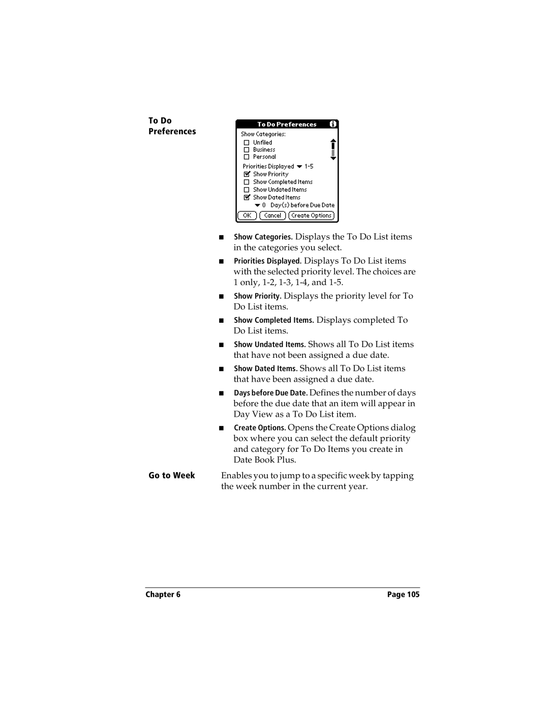 Handspring Visor manual To Do Preferences, Go to Week 