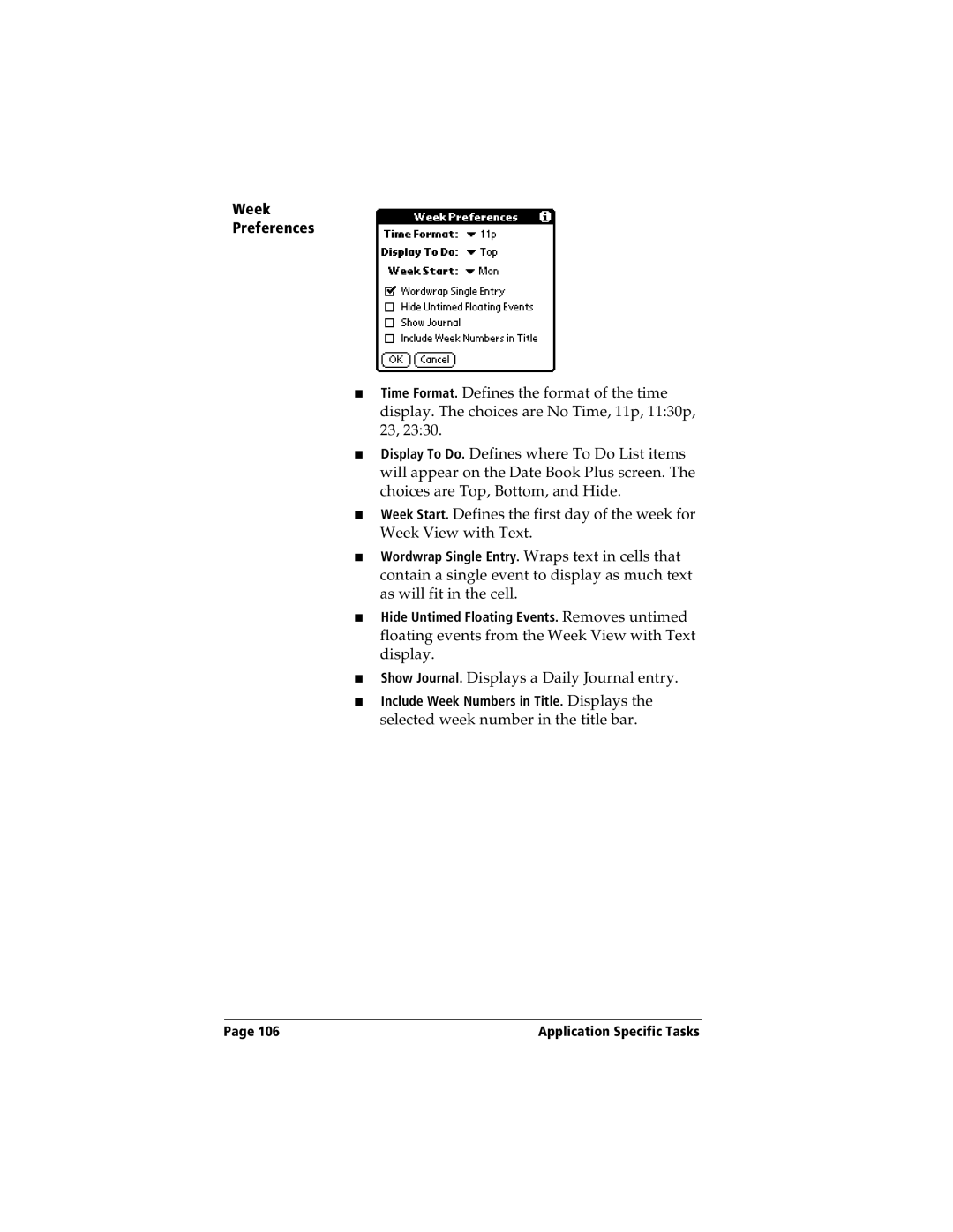 Handspring Visor manual Week Preferences, Show Journal. Displays a Daily Journal entry 