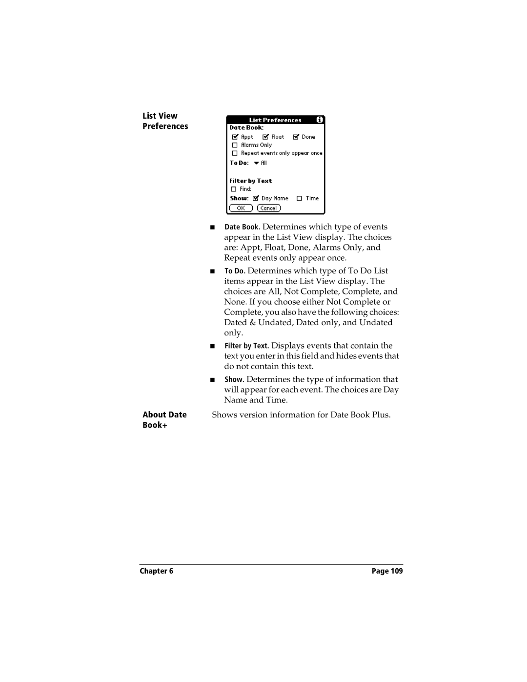 Handspring Visor manual List View Preferences, Book+ 