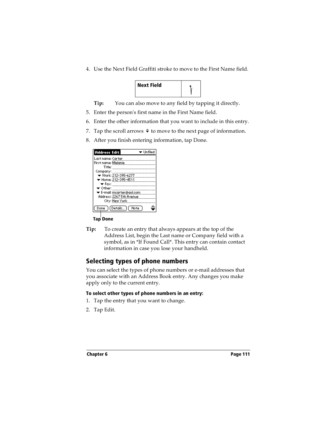 Handspring Visor manual Selecting types of phone numbers, Next Field 