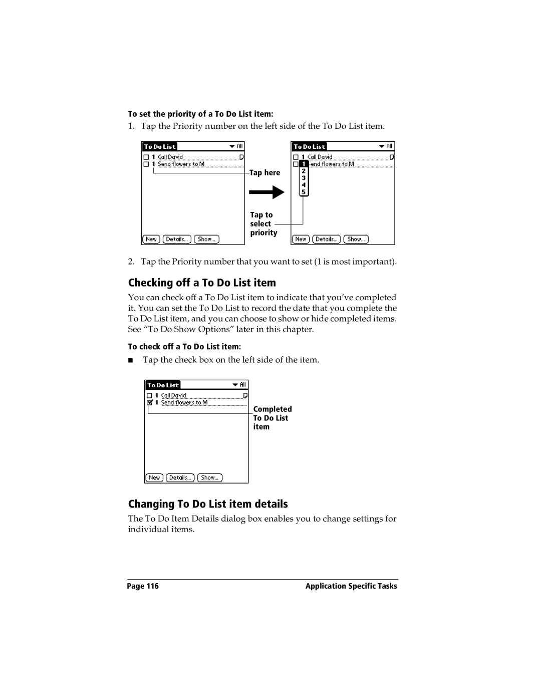 Handspring Visor manual Checking off a To Do List item, Changing To Do List item details 