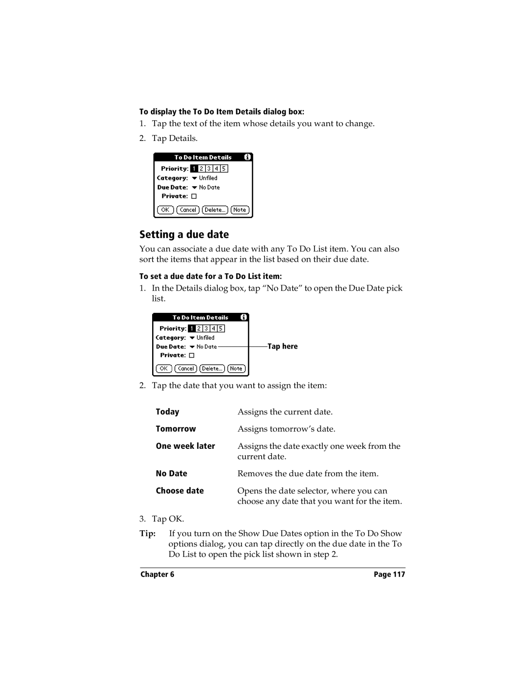 Handspring Visor manual Setting a due date 