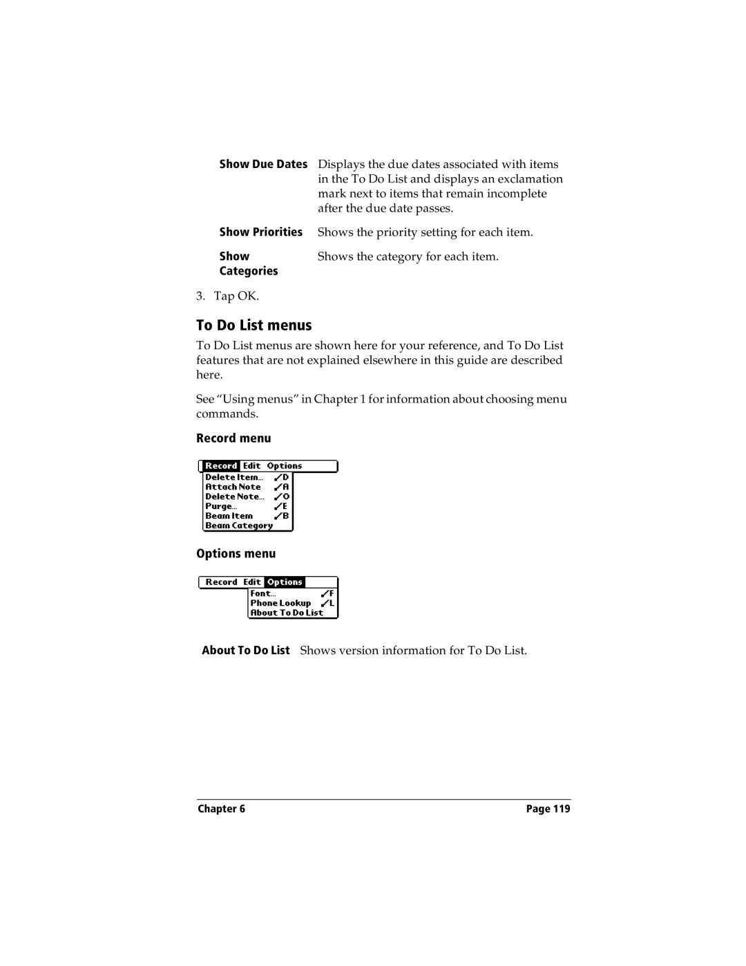 Handspring Visor manual To Do List menus, Show Due Dates, Show Priorities, Categories 