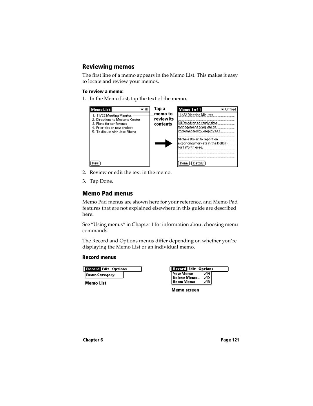 Handspring Visor manual Reviewing memos, Memo Pad menus 