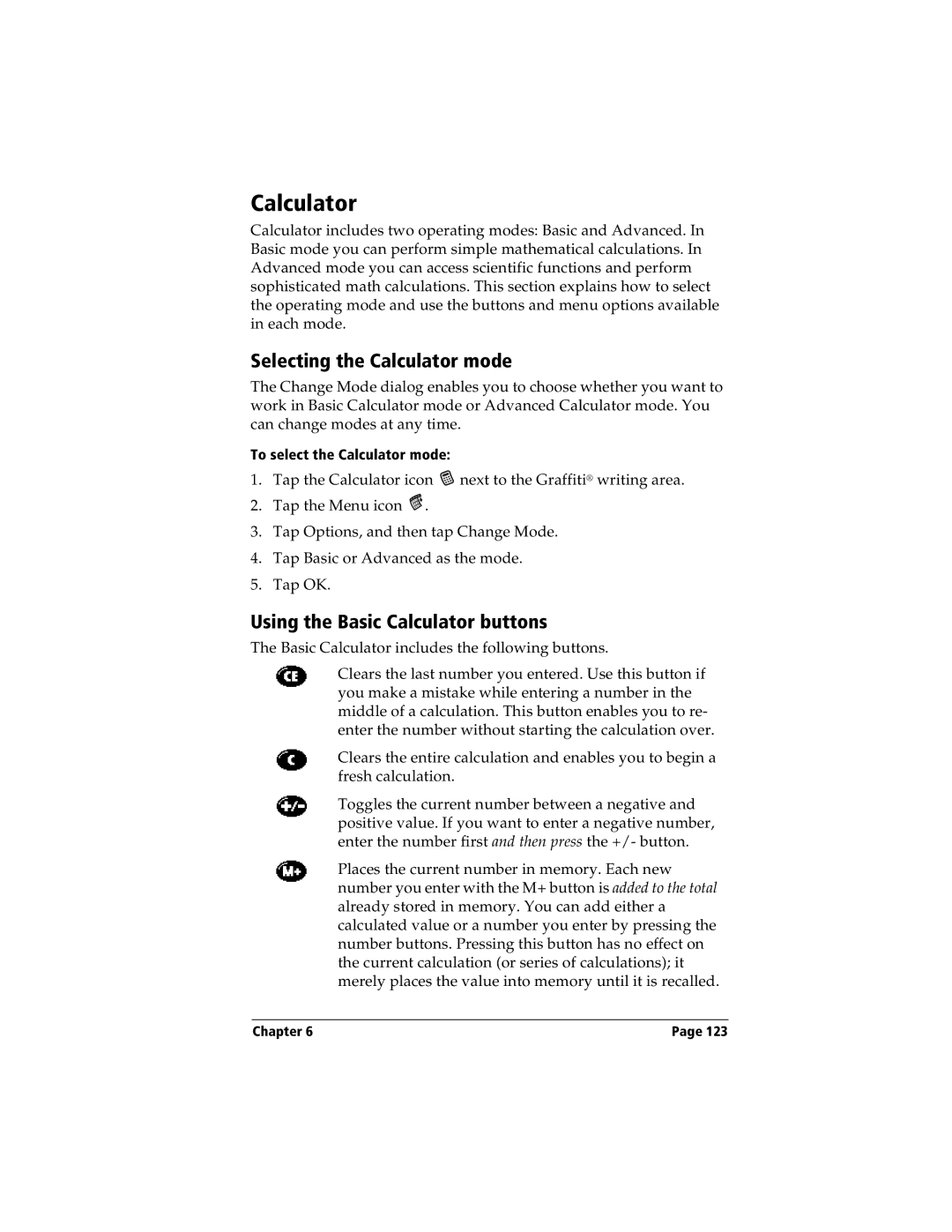 Handspring Visor manual Selecting the Calculator mode, Using the Basic Calculator buttons 