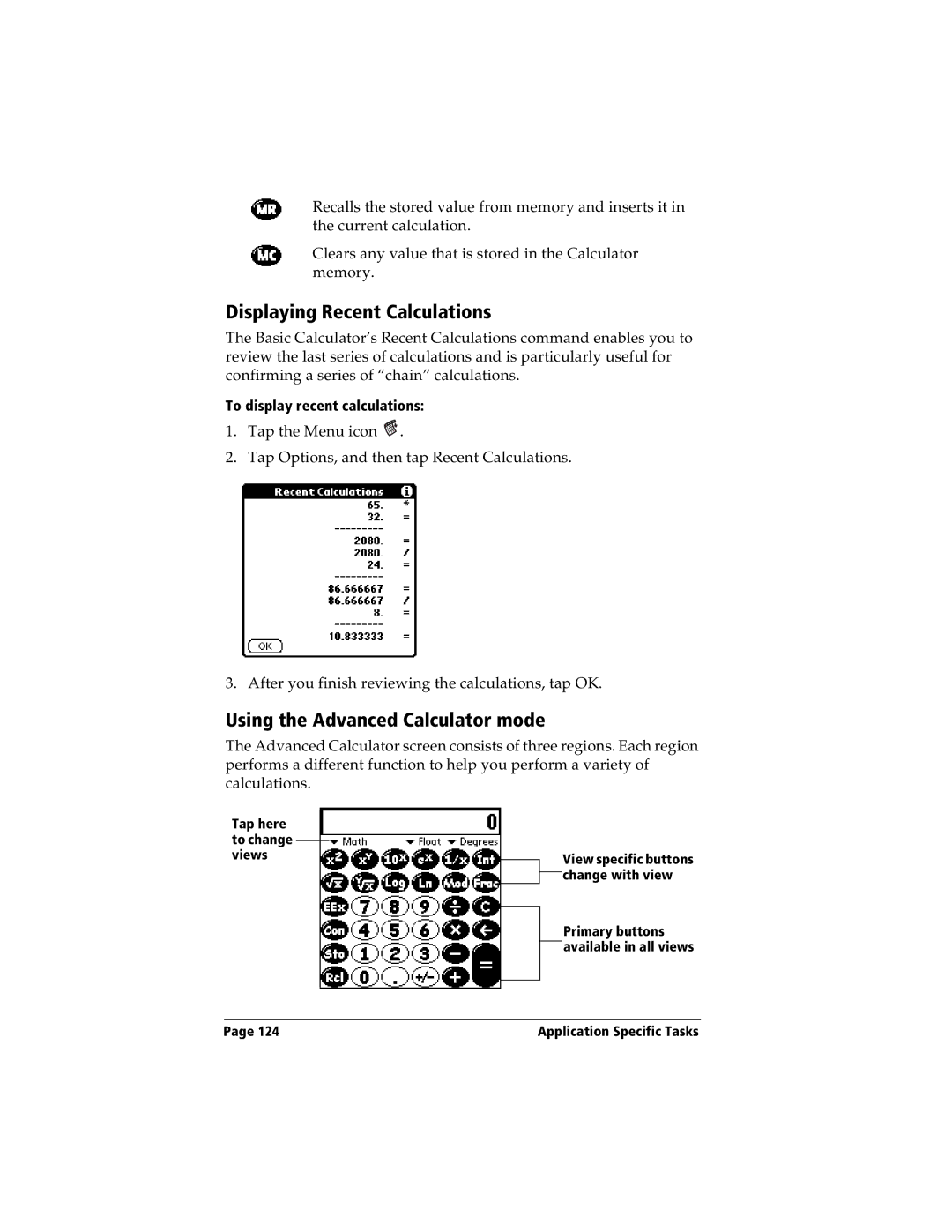 Handspring Visor manual Displaying Recent Calculations, Using the Advanced Calculator mode 