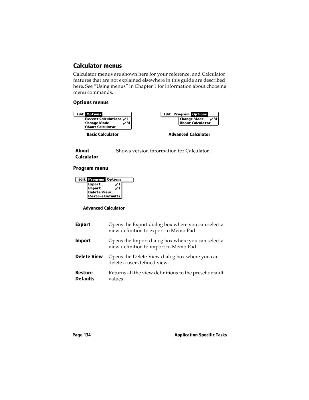 Handspring Visor manual Calculator menus, Program menu 