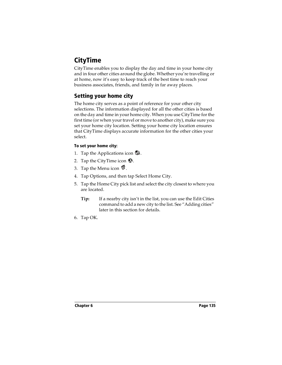 Handspring Visor manual CityTime, Setting your home city 