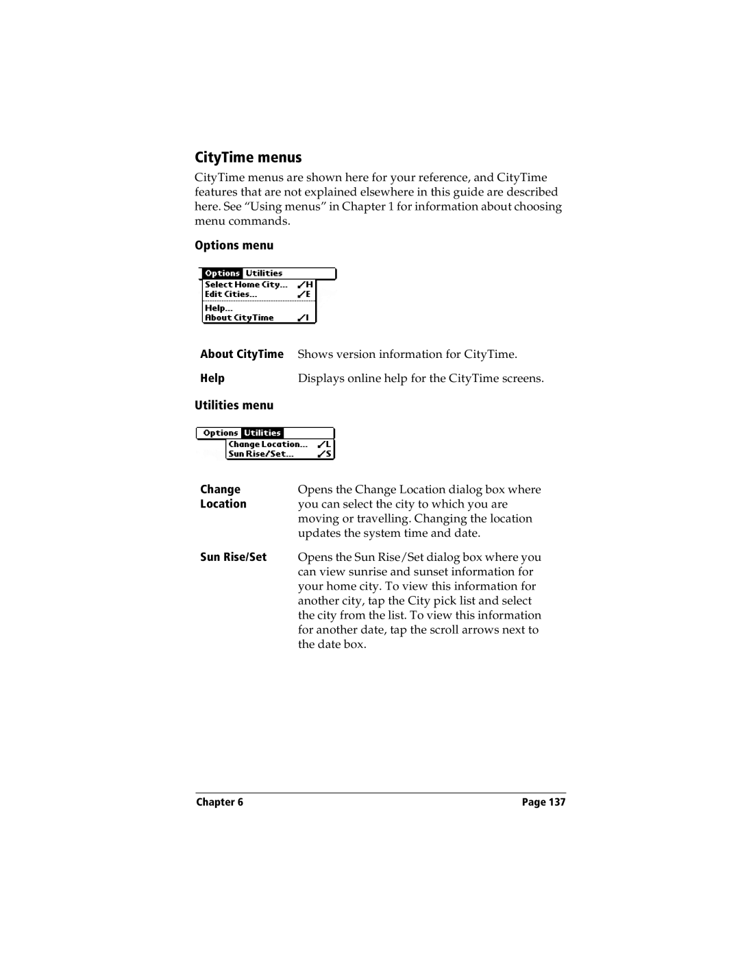 Handspring Visor manual CityTime menus, Utilities menu 