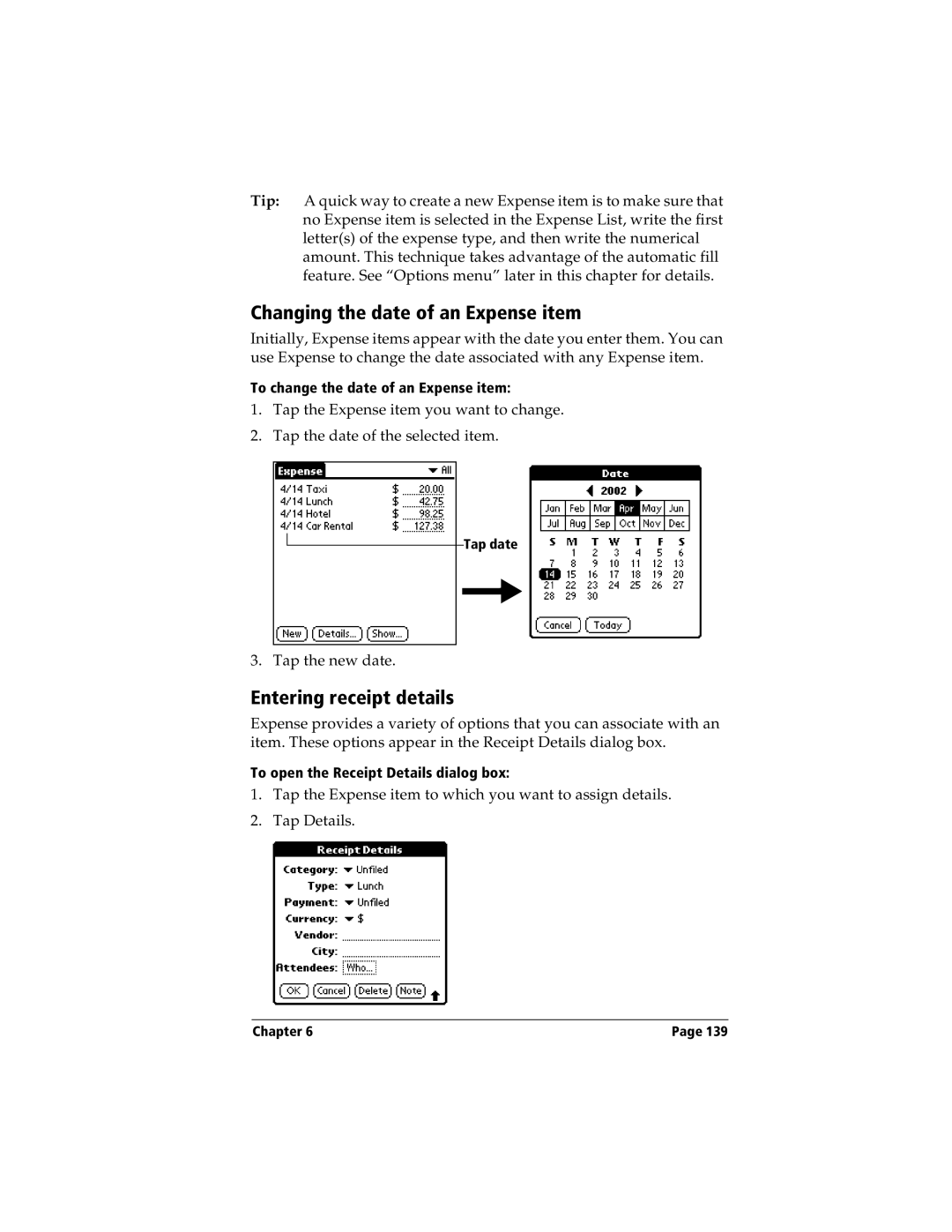 Handspring Visor manual Changing the date of an Expense item, Entering receipt details 