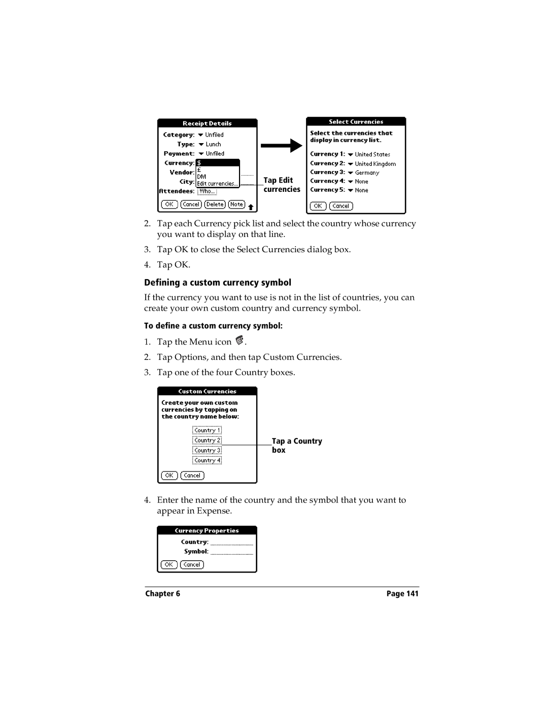 Handspring Visor manual Defining a custom currency symbol 