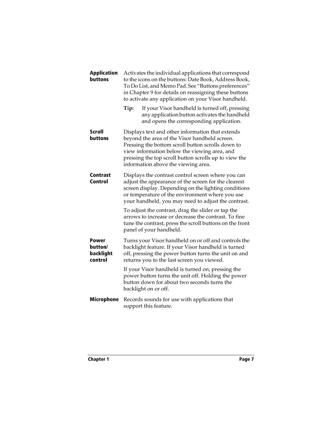 Handspring Visor manual Application, Buttons, Scroll, Contrast, Control, Power, Backlight, Microphone 