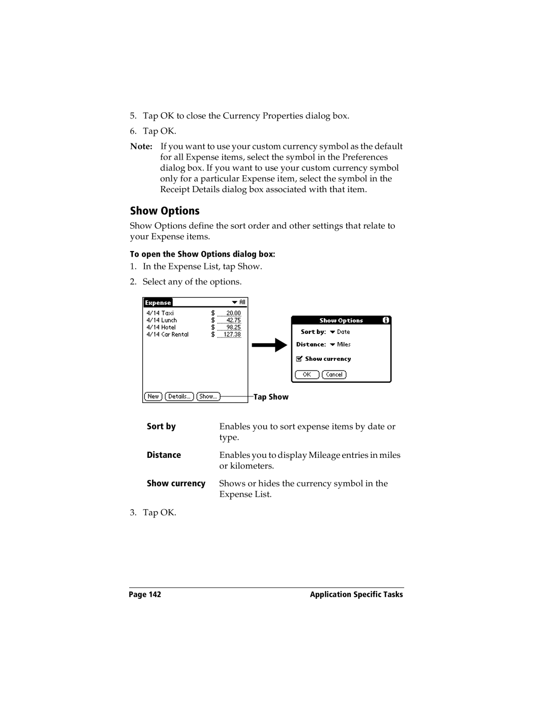 Handspring Visor manual Show Options, Sort by, Distance, Show currency 