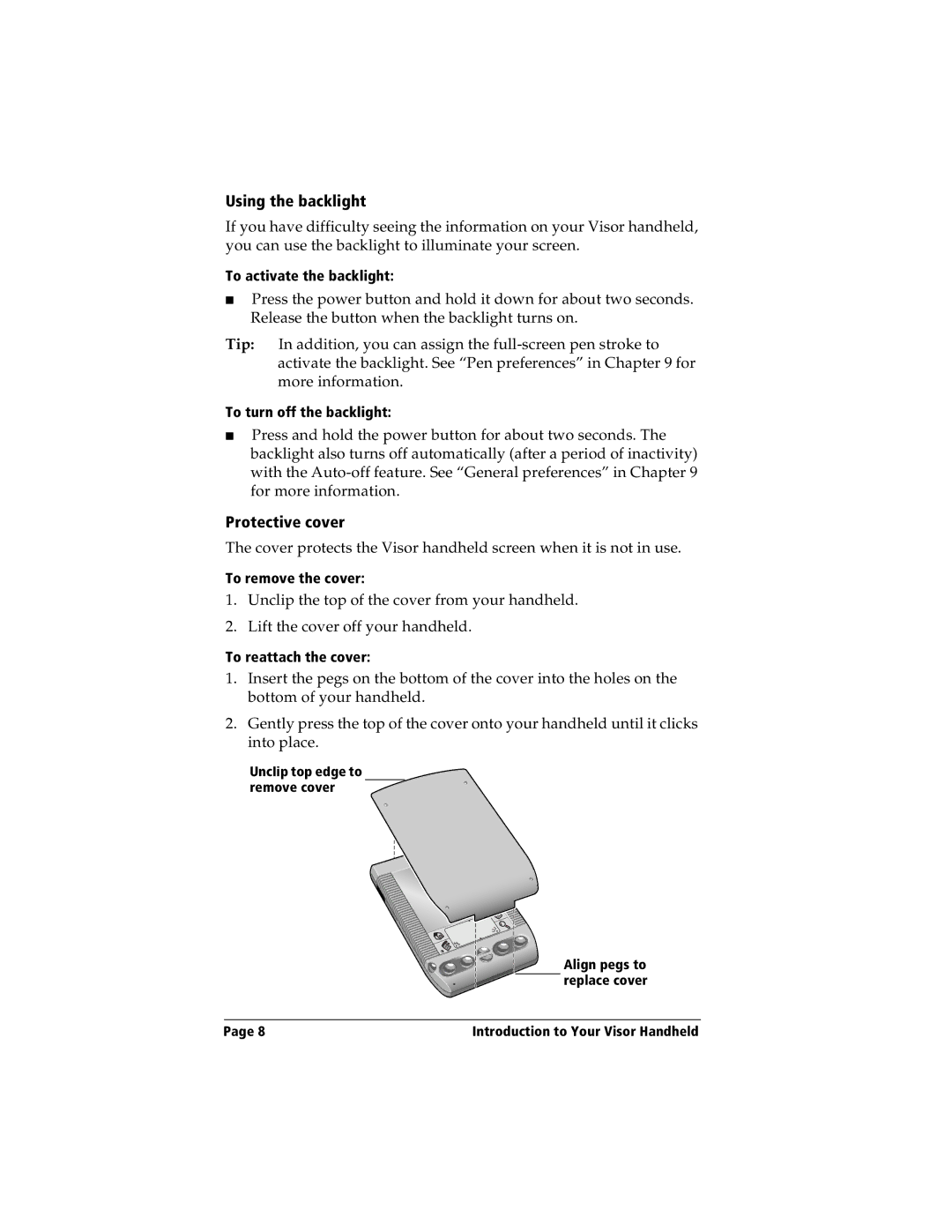 Handspring Visor manual Using the backlight, Protective cover 