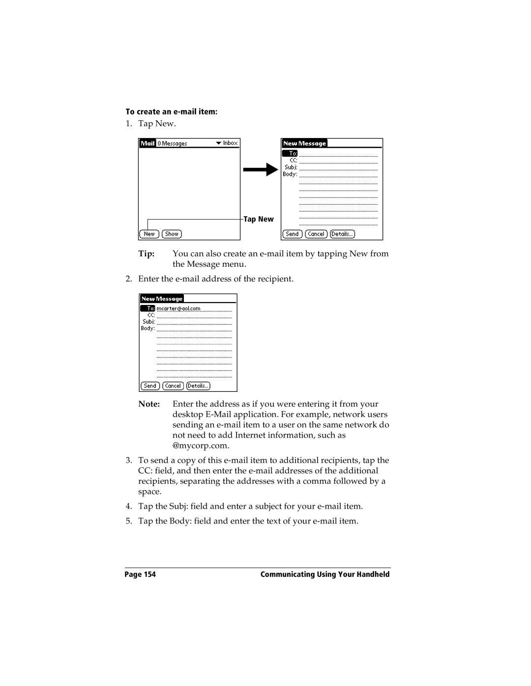 Handspring Visor manual To create an e-mail item 