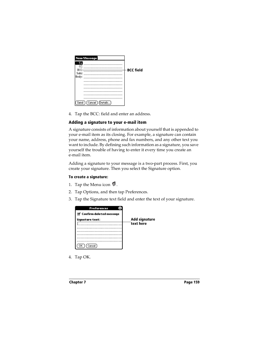 Handspring Visor manual Adding a signature to your e-mail item 