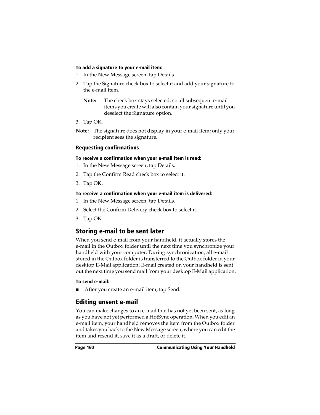 Handspring Visor manual Storing e-mail to be sent later, Editing unsent e-mail, Requesting confirmations 