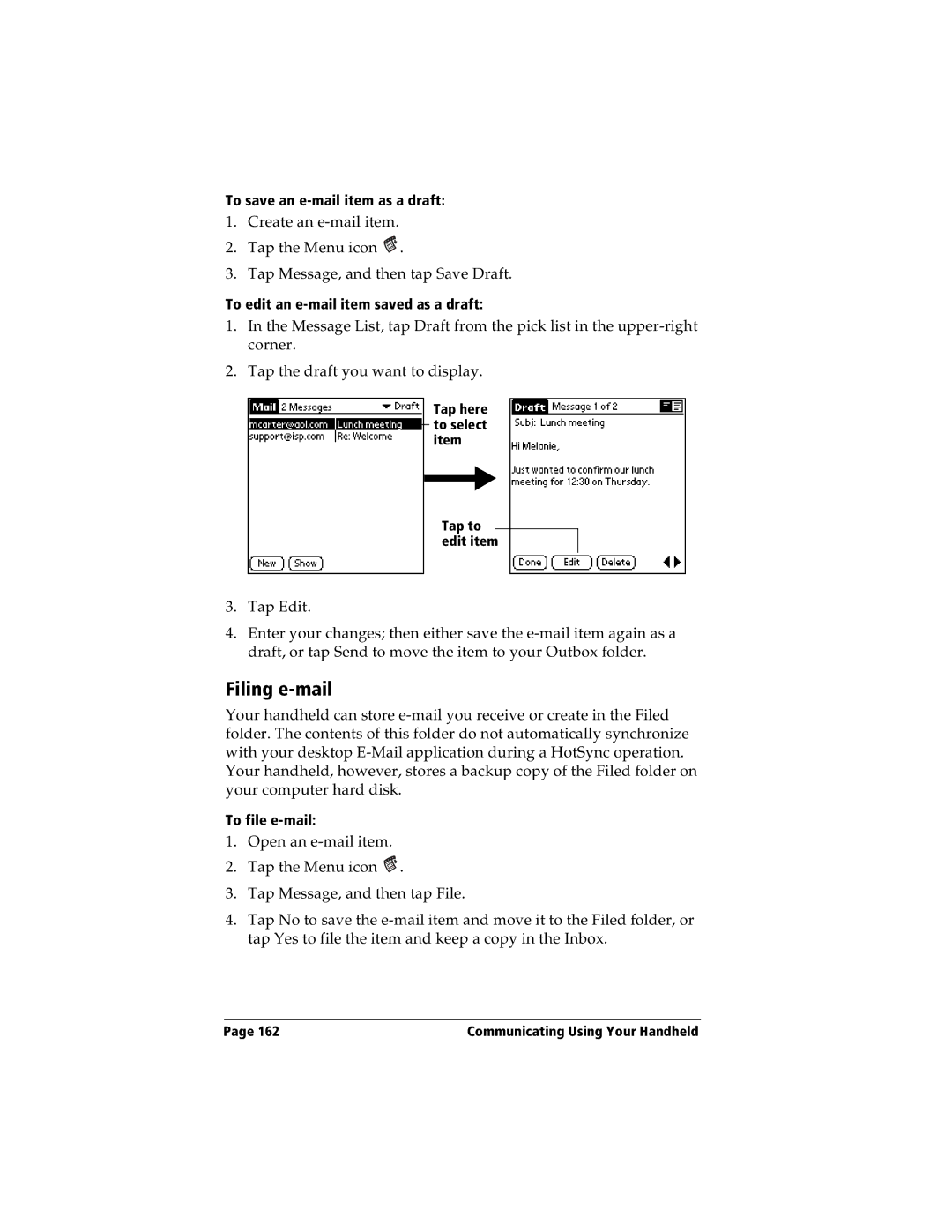 Handspring Visor manual Filing e-mail 