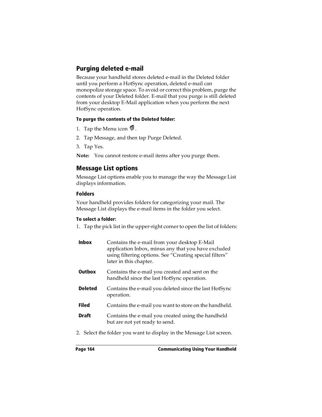 Handspring Visor manual Purging deleted e-mail, Message List options, Folders 