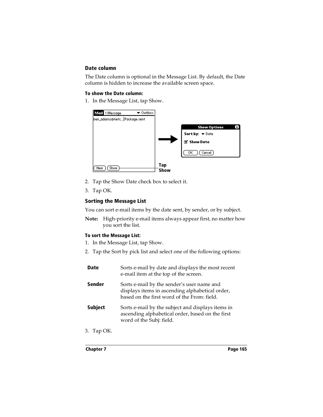 Handspring Visor manual Date column, Sorting the Message List, Sender, Subject 