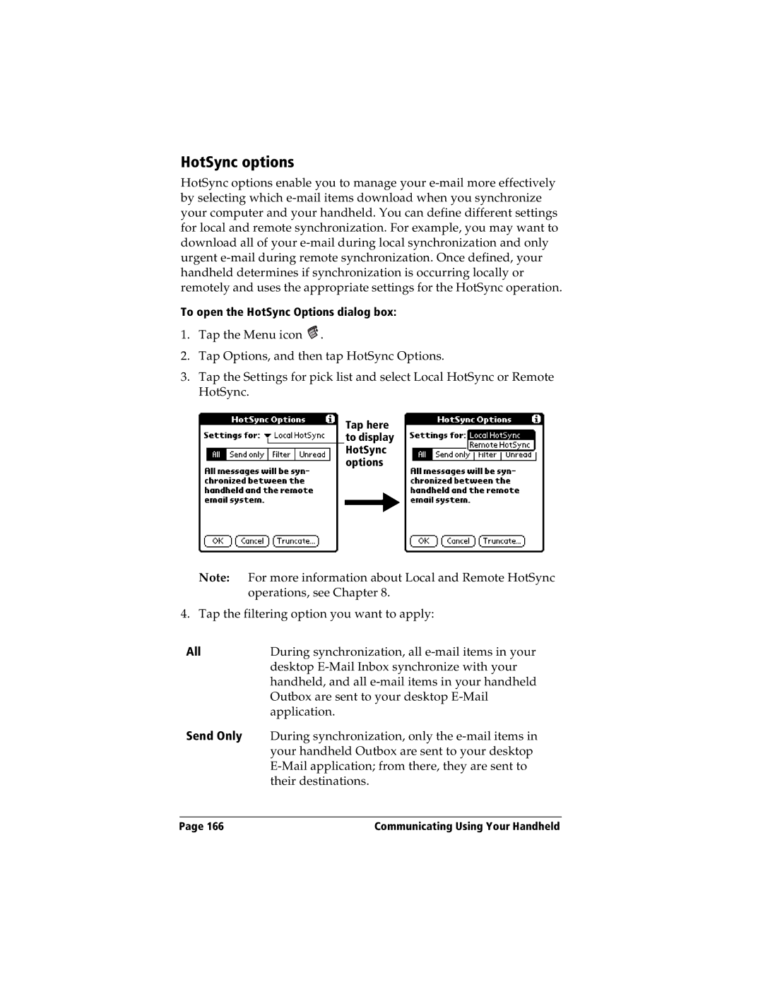 Handspring Visor manual HotSync options, All, Send Only 