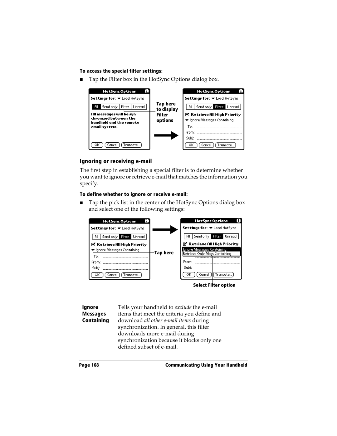 Handspring Visor manual Ignoring or receiving e-mail, Ignore, Messages, Containing 