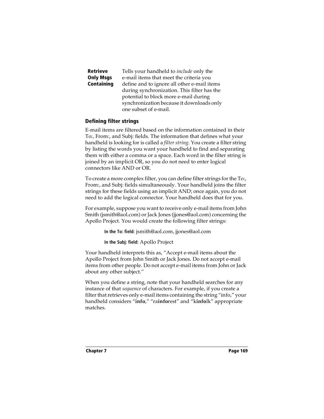 Handspring Visor manual Defining filter strings 