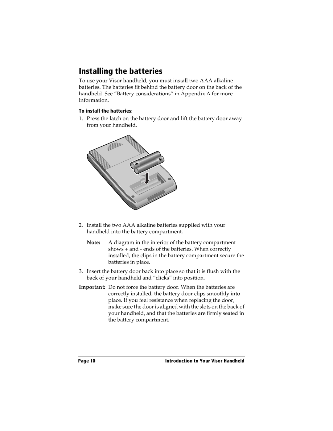 Handspring Visor manual Installing the batteries 