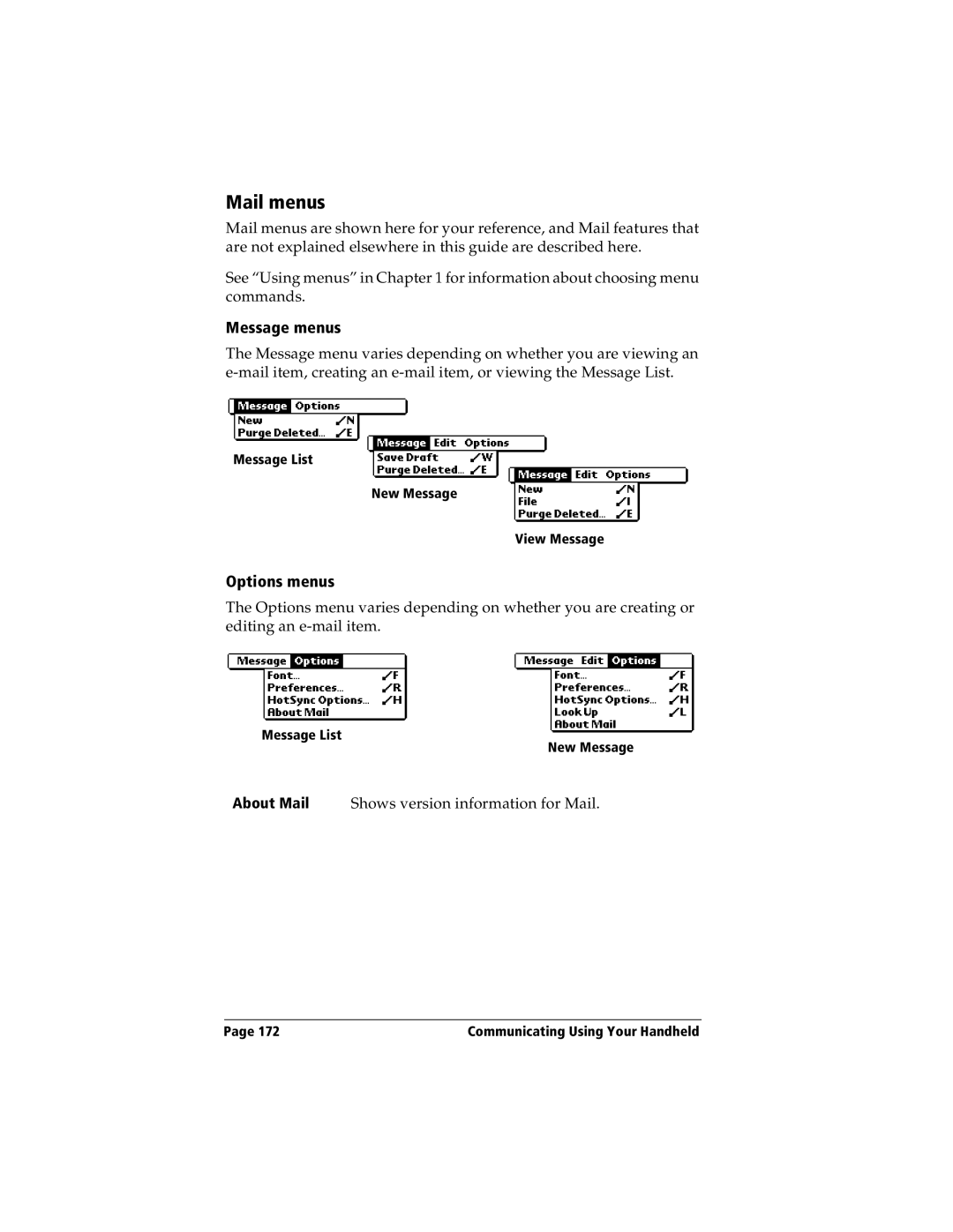 Handspring Visor manual Mail menus, Message menus 