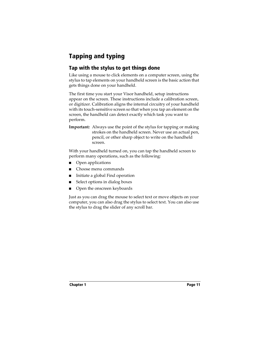 Handspring Visor manual Tapping and typing, Tap with the stylus to get things done 