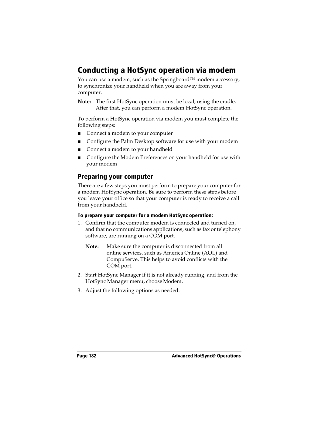 Handspring Visor manual Conducting a HotSync operation via modem, Preparing your computer 